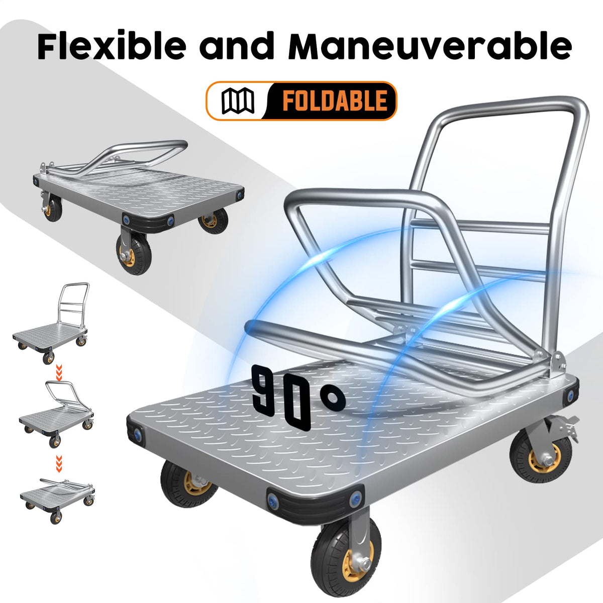 1000KG Capacity Heavy Duty Foldable Platform Truck Flatbed Push Cart Steel Dolly Trolley Cart Brake V324-CS2-PLATFTROLLEY9060