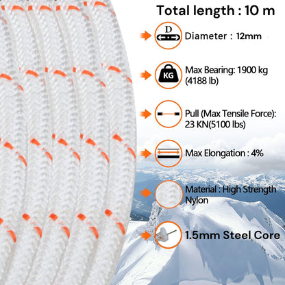 12mm 10m Safety Climbing Rope Nylon Rock Static Outdoor Boat Anchor Marine Rope Dock Lines Rope V324-CS2-ROPE12MM-10M