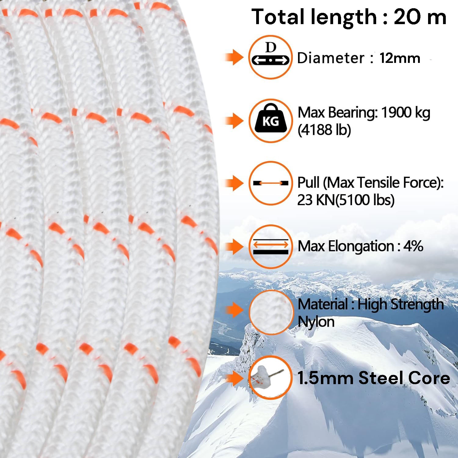 12mm 20m Safety Climbing Rope Nylon Rock Static Outdoor Boat Anchor Marine Rope Dock Lines Rope V324-CS2-ROPE12MM-20M
