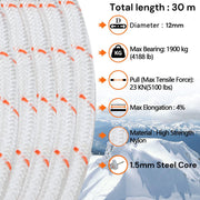 12mm 30m Safety Climbing Rope Nylon Rock Static Outdoor Boat Anchor Marine Rope Dock Lines Rope V324-CS2-ROPE12MM-30M