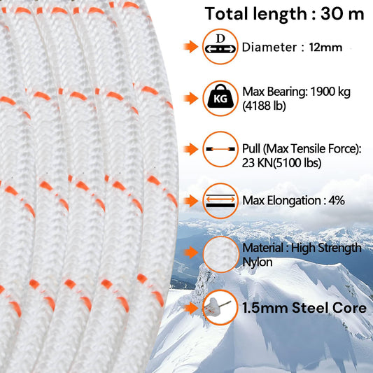 12mm 30m Safety Climbing Rope Nylon Rock Static Outdoor Boat Anchor Marine Rope Dock Lines Rope V324-CS2-ROPE12MM-30M