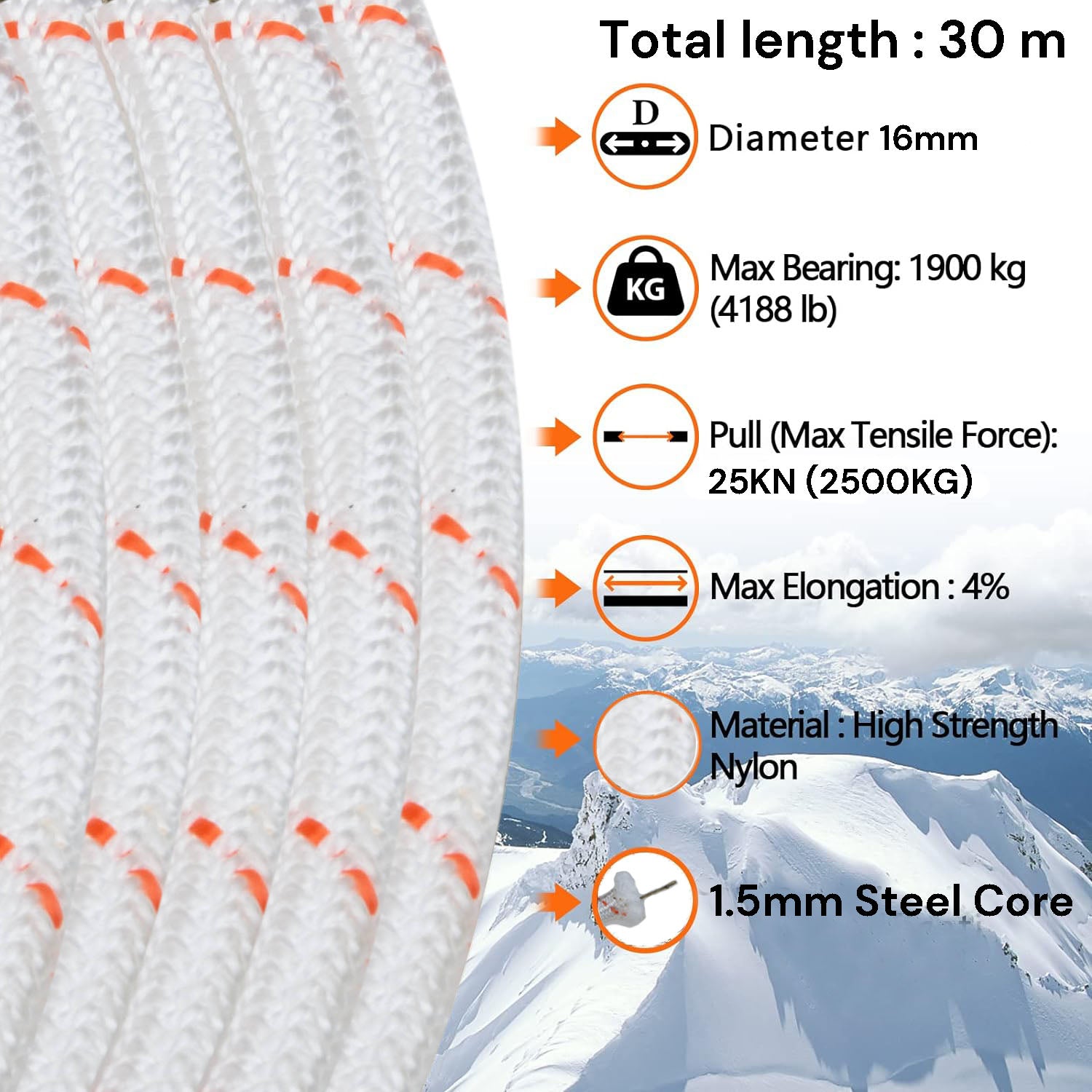 16mm 30m Safety Climbing Rope Nylon Rock Static Outdoor Boat Anchor Marine Rope Dock Lines Rope V324-CS2-ROPE16MM-30M
