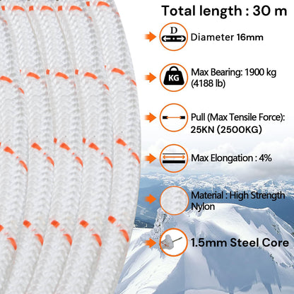 16mm 30m Safety Climbing Rope Nylon Rock Static Outdoor Boat Anchor Marine Rope Dock Lines Rope V324-CS2-ROPE16MM-30M