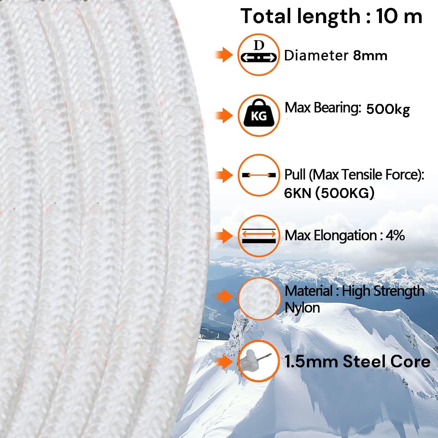 8mm 10m Safety Climbing Rope Nylon Rock Static Outdoor Boat Anchor Marine Rope Dock Lines Rope V324-CS2-ROPE8MM-10M
