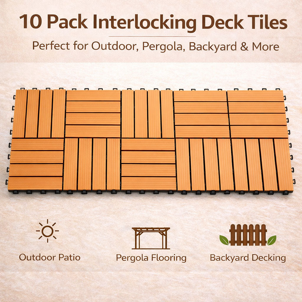 10PCS Interlocking Patio Deck Tiles 30cm x 30cm Outdoor Wood Flooring for Patio Garden Balcony Poolside V324-DTWPC-30-ORA-10P
