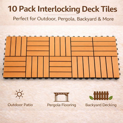 10PCS Interlocking Patio Deck Tiles 30cm x 30cm Outdoor Wood Flooring for Patio Garden Balcony Poolside V324-DTWPC-30-ORA-10P