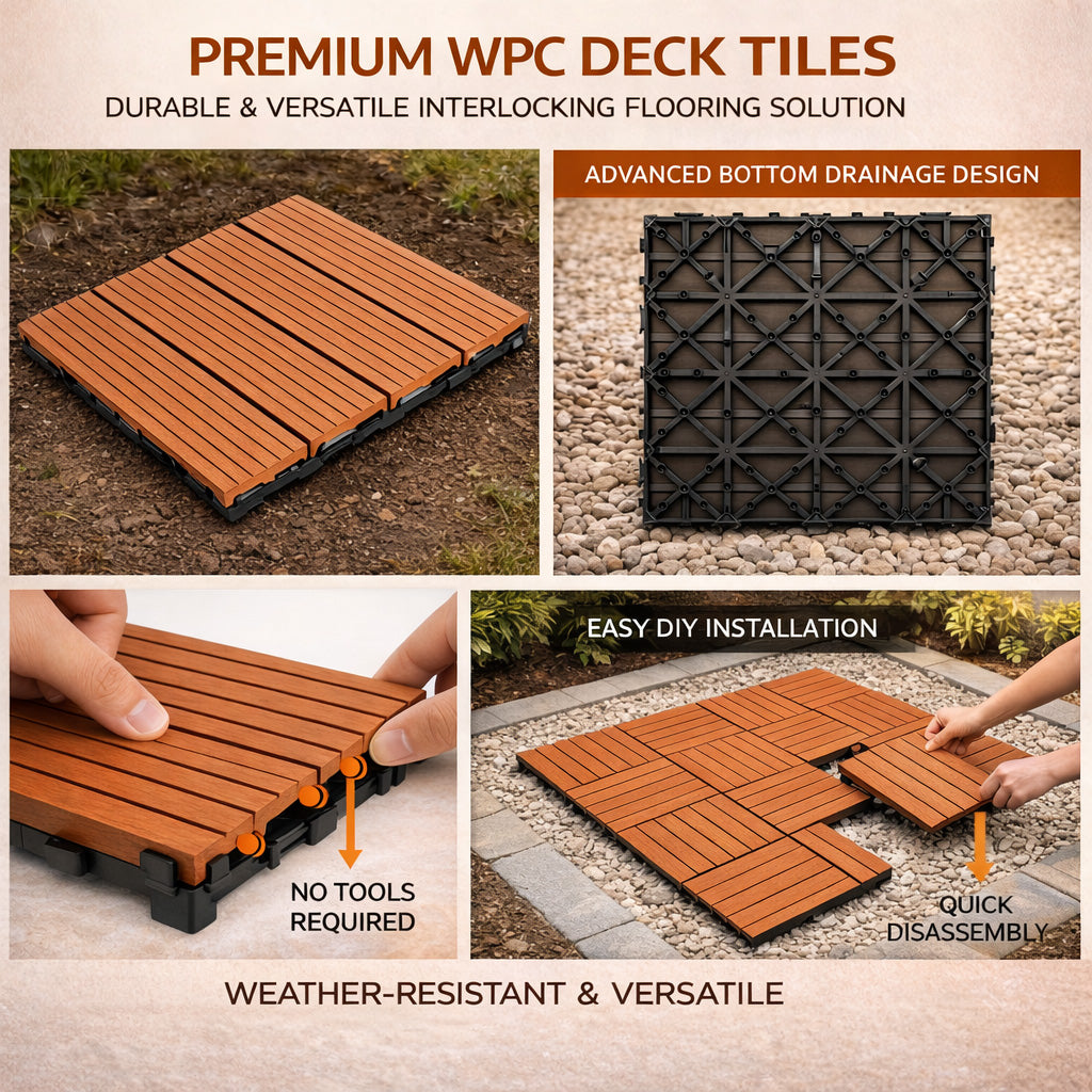 10PCS Interlocking Patio Deck Tiles 30cm x 30cm Outdoor Wood Flooring for Patio Garden Balcony Poolside V324-DTWPC-30-ORA-10P