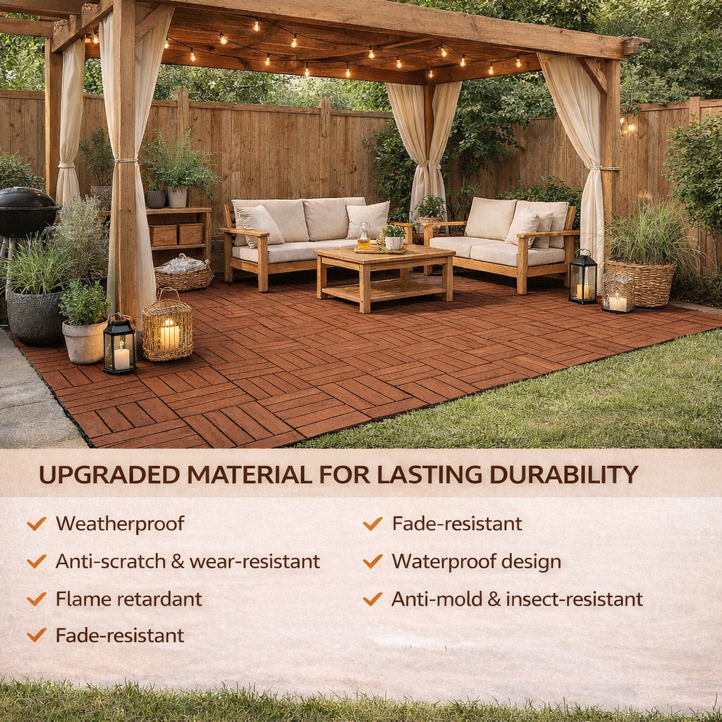 10PCS Interlocking Patio Deck Tiles 30cm x 30cm Outdoor Wood Flooring for Patio Garden Balcony Poolside V324-DTWPC-30-ORA-10P