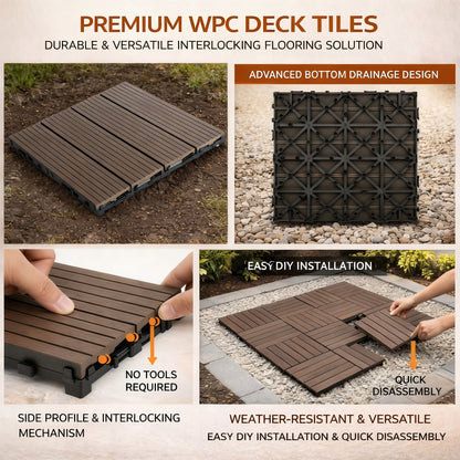 10PCS Interlocking Patio Deck Tiles 30cm x 30cm Outdoor Wood Flooring for Patio Garden Balcony Poolside Walnut V324-DTWPC-30-WAL-10P