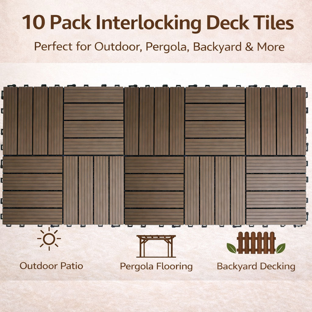 10PCS Interlocking Patio Deck Tiles 30cm x 30cm Outdoor Wood Flooring for Patio Garden Balcony Poolside Walnut V324-DTWPC-30-WAL-10P
