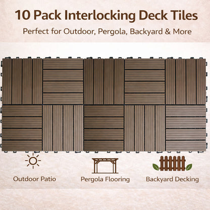 10PCS Interlocking Patio Deck Tiles 30cm x 30cm Outdoor Wood Flooring for Patio Garden Balcony Poolside Walnut V324-DTWPC-30-WAL-10P