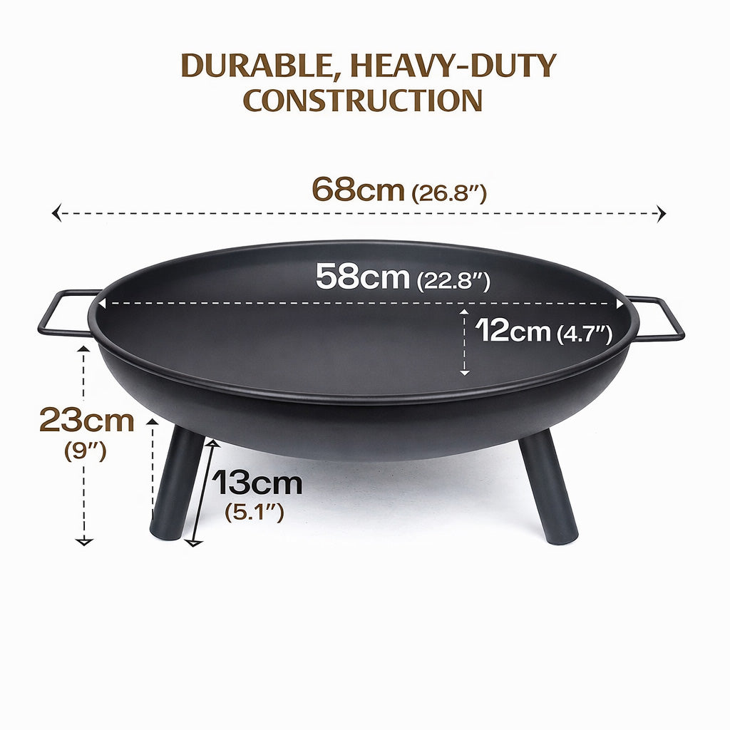 Outdoor Fire Pit 68cm Steel Fire Bowl Wood Burning Portable Heater Backyard Camping BBQ with Handles V324-FPIT580