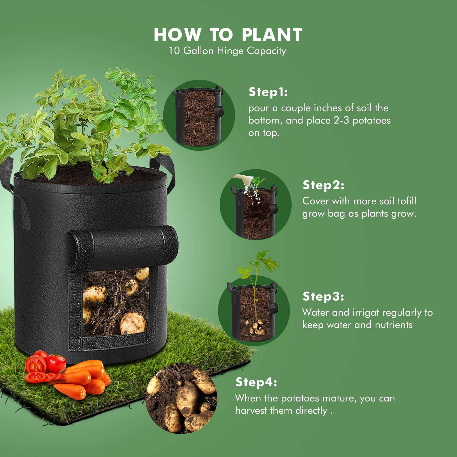 5-Pack 7 Gallons Plant Grow Bag Potato Container Pots with Handles Garden Planter Black V324-GD-5XPOGROWBG7GBK