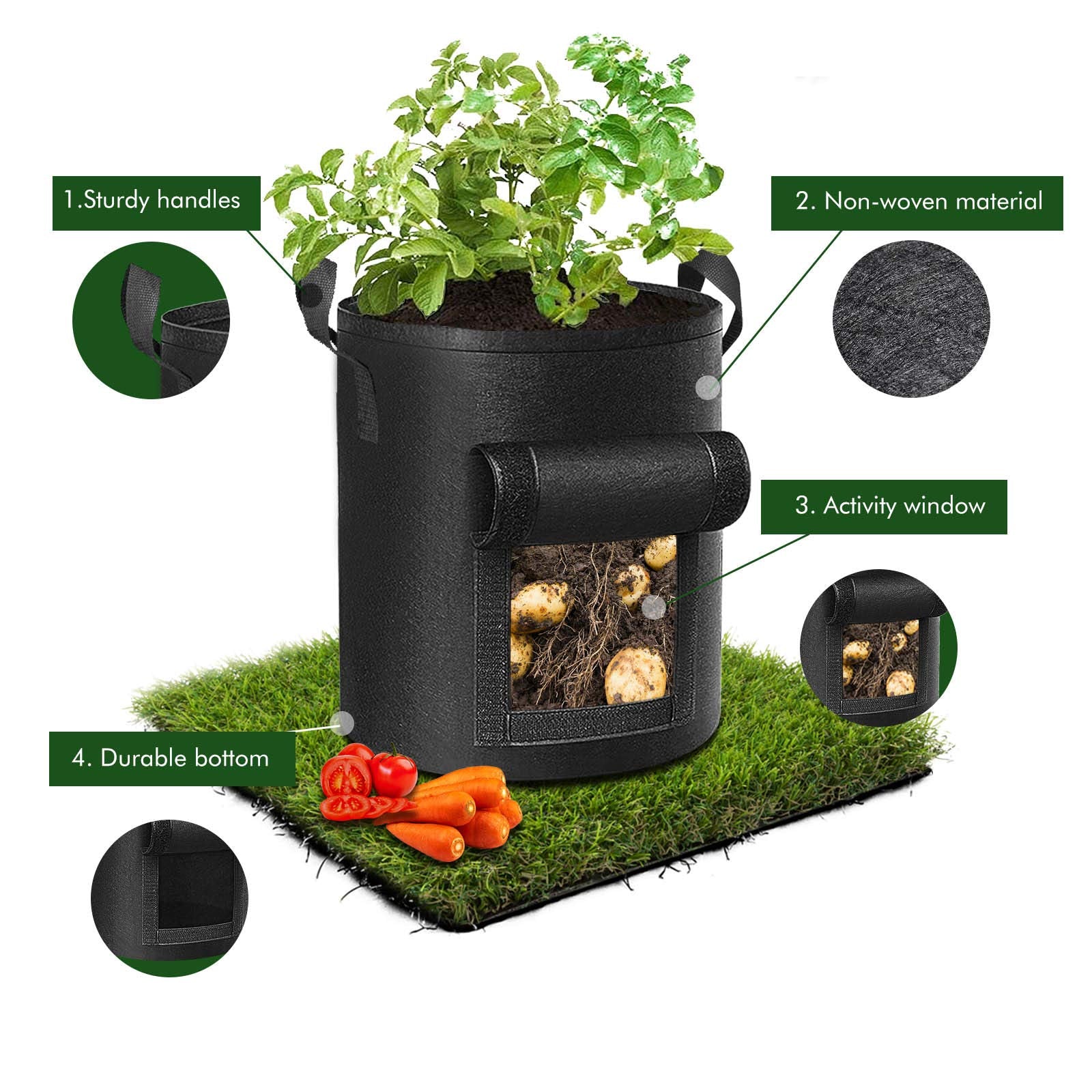5-Pack 7 Gallons Plant Grow Bag Potato Container Pots with Handles Garden Planter Black V324-GD-5XPOGROWBG7GBK