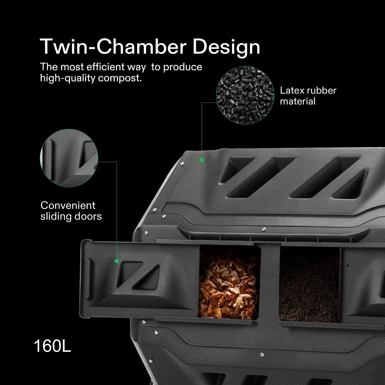 160L Large Outdoor Compost Bin Dual Chamber Tumbling Composter Tumbler Rotating V324-GDCOBIN-160L