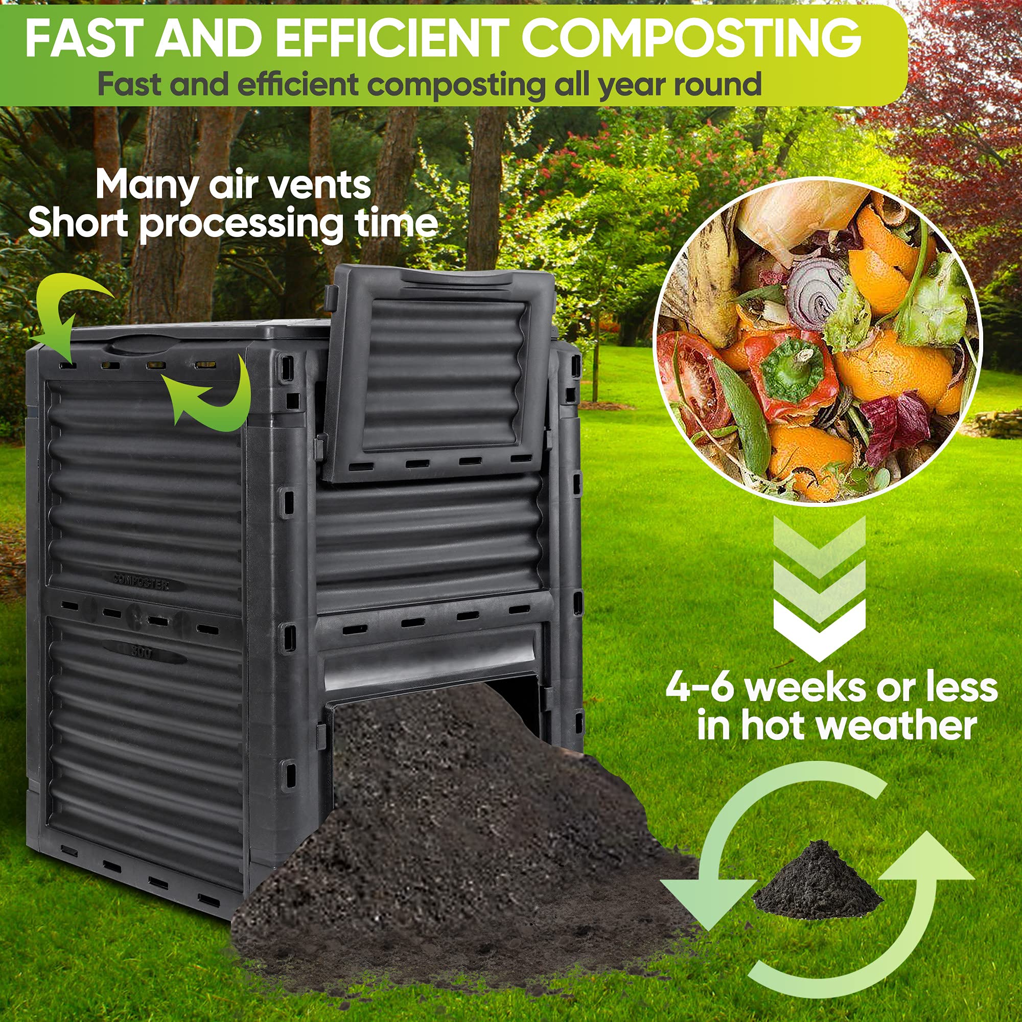 300L Large Garden Outdoor Compost Bin Composter BPA Free Compost Barrel V324-GDCOBIN-300L