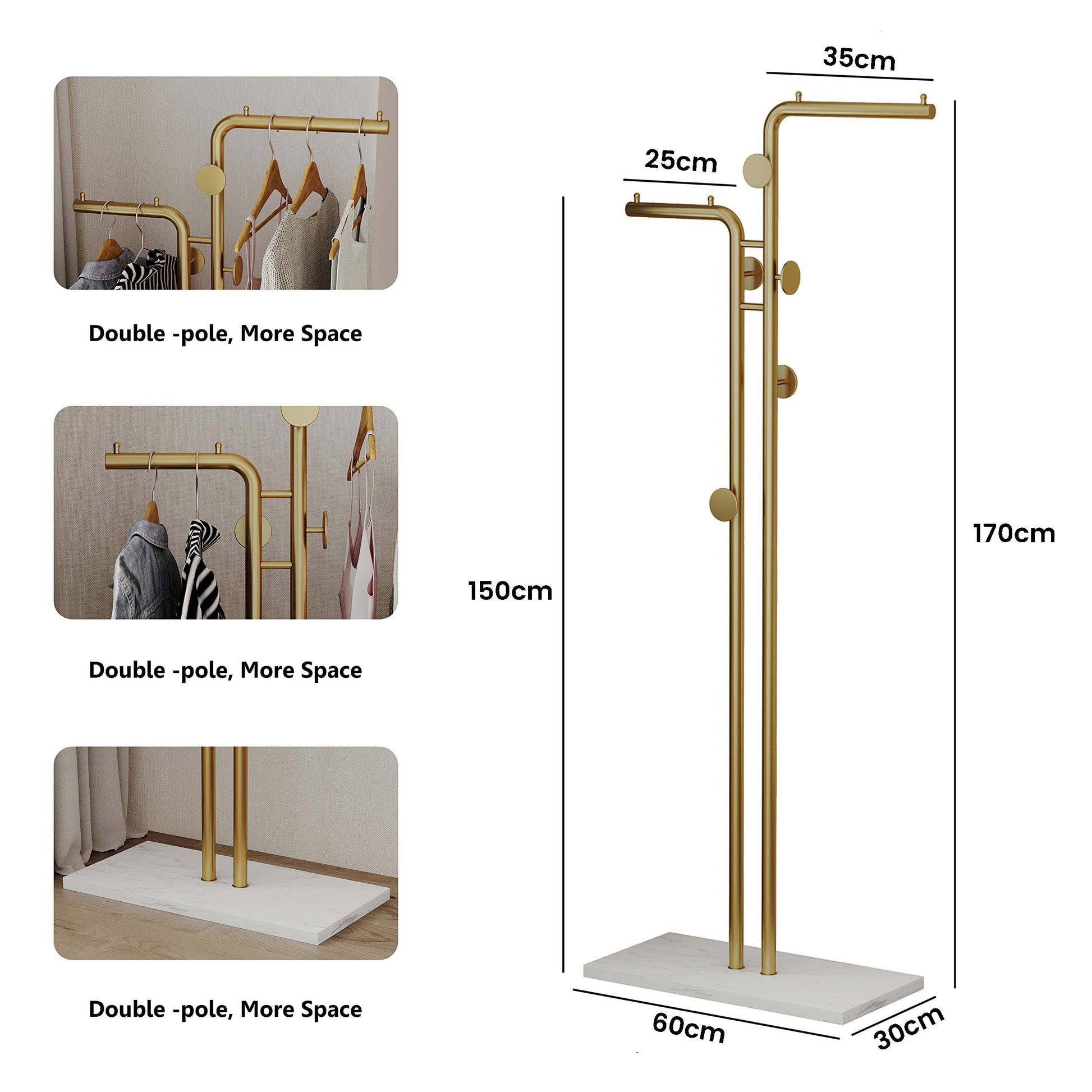 Metal Coat Rack Marble Base Hooks Clothes Coats Bag Tree Hat Display Hanger Stand Organiser 2 Pole V324-H-CRACKGDWH-D