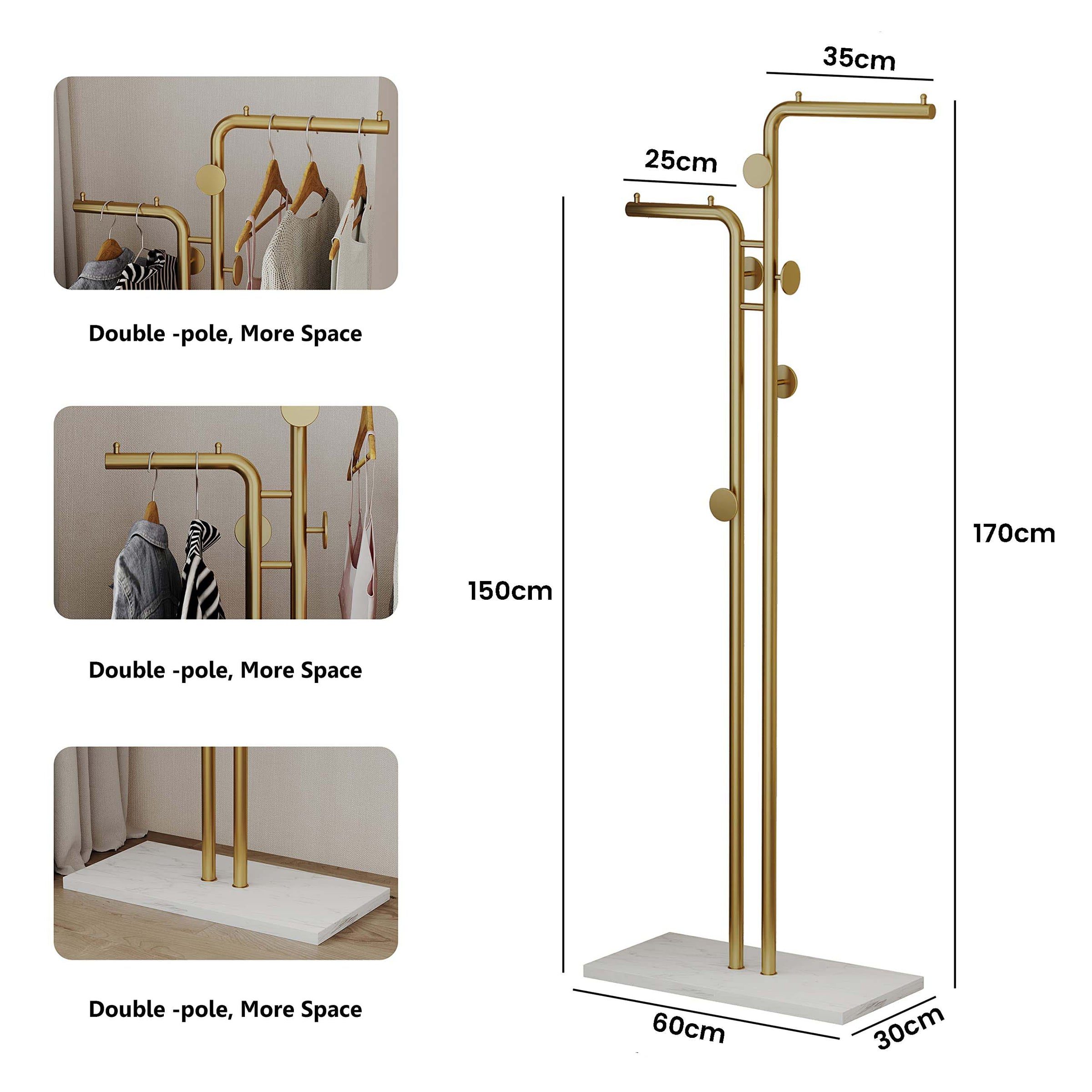 Metal Coat Rack Marble Base Hooks Clothes Coats Bag Tree Hat Display Hanger Stand Organiser 2 Pole V324-H-CRACKGDWH-D