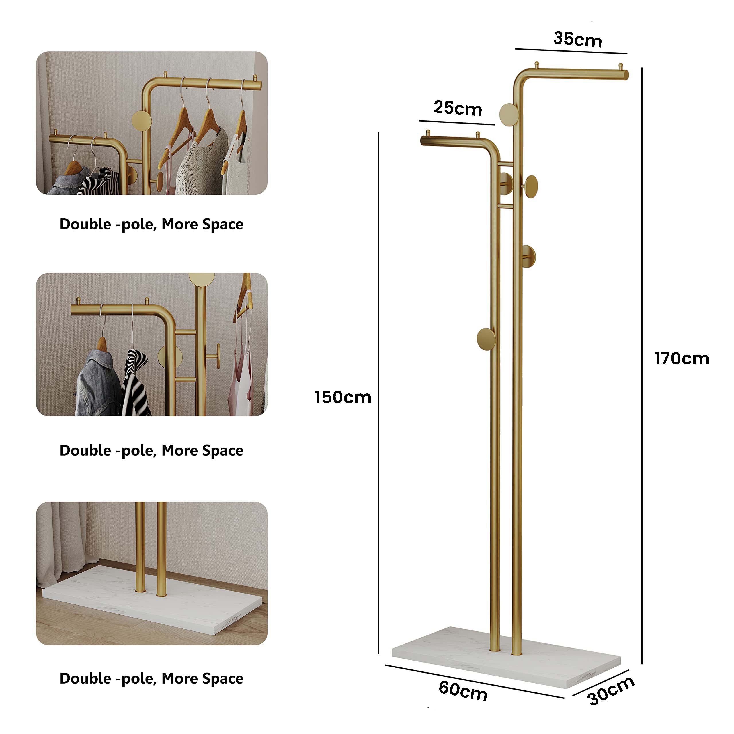 Metal Coat Rack Marble Base Hooks Clothes Coats Bag Tree Hat Display Hanger Stand Organiser 2 Pole V324-H-CRACKGDWH-D