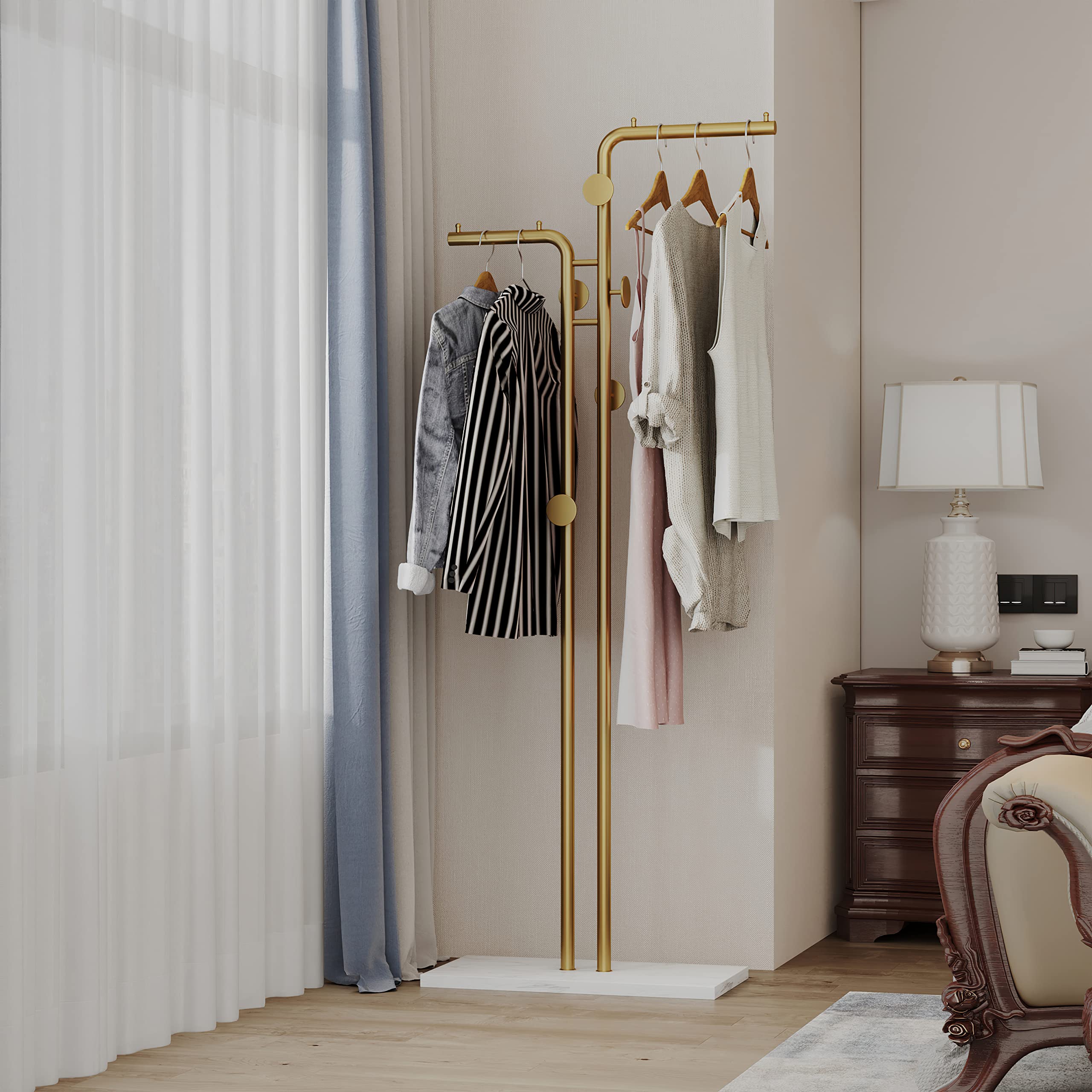 Metal Coat Rack Marble Base Hooks Clothes Coats Bag Tree Hat Display Hanger Stand Organiser 2 Pole V324-H-CRACKGDWH-D