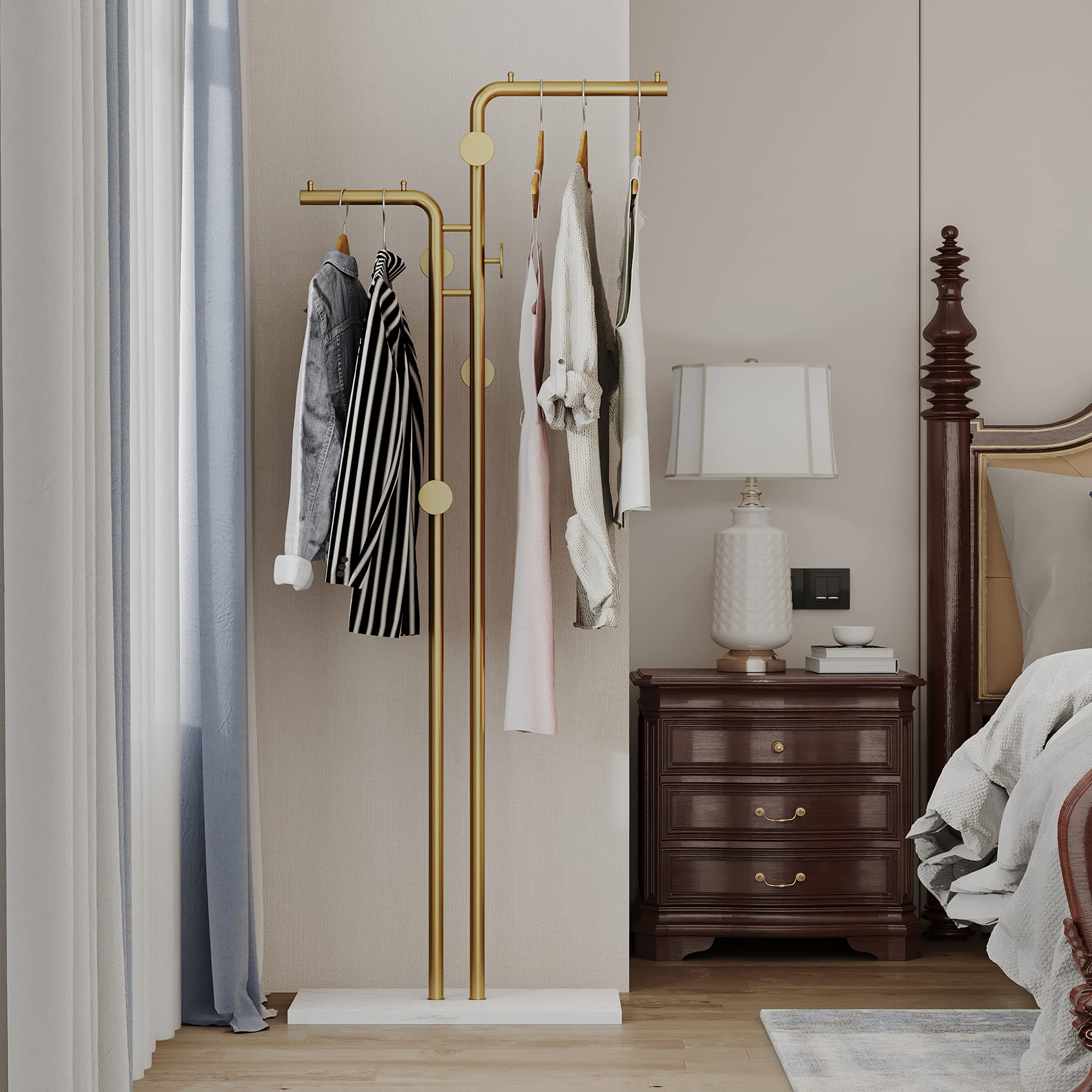Metal Coat Rack Marble Base Hooks Clothes Coats Bag Tree Hat Display Hanger Stand Organiser 2 Pole V324-H-CRACKGDWH-D