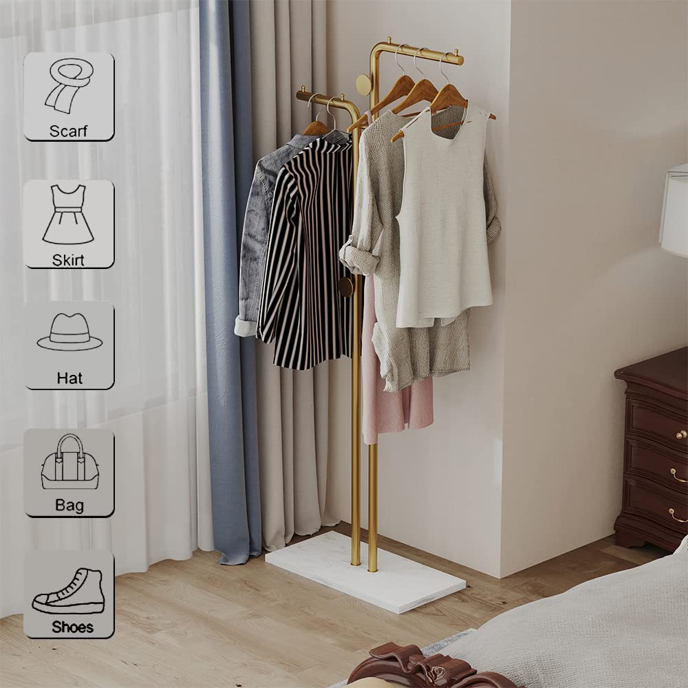 Metal Coat Rack Marble Base Hooks Clothes Coats Bag Tree Hat Display Hanger Stand Organiser 2 Pole V324-H-CRACKGDWH-D
