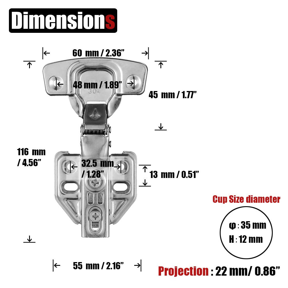 8 Pack 304 Stainless Steel Cabinet Hinges 100 Degree Soft Closing Insert Overlay Door Hinge Nickel Plated V324-HO-8XINHINGE