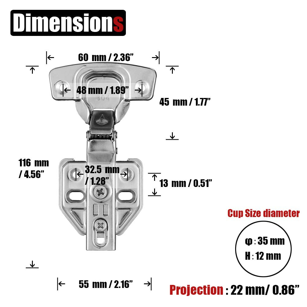 8 Pack 304 Stainless Steel Cabinet Hinges 100 Degree Soft Closing half Overlay Door Hinge Nickel Plated Finish V324-HO-8XPHINGE