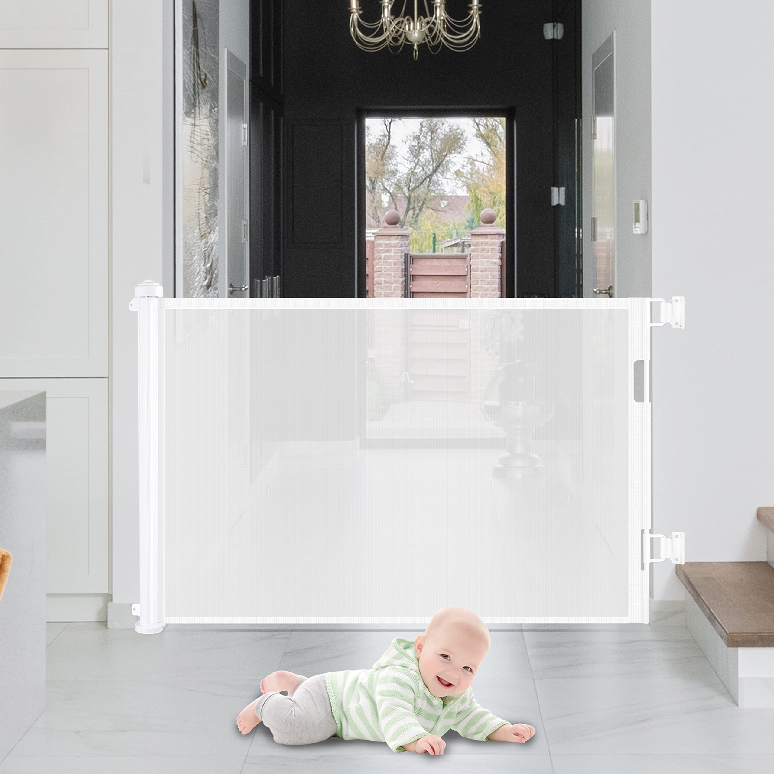 Retractable 1.5M Doorways Hallways Stairs Baby Gate Dog Pet Gate Indoor Outdoor Safety Gates White V324-HO-GATEWH15M