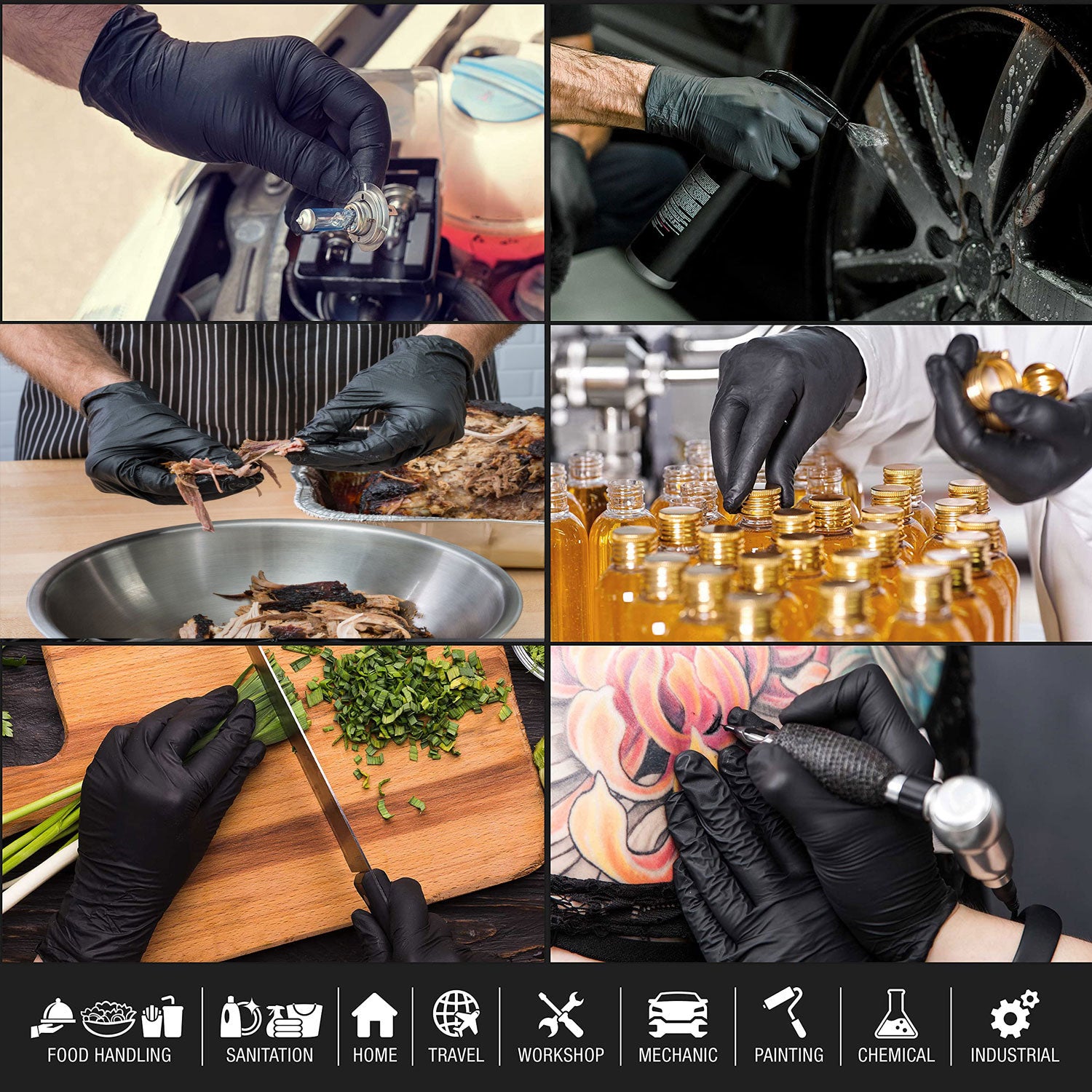 100x Nitrile Black Industrial Mechanic Tattoo Food Disposable Gloves Medium V324-HO-GLOVEMED