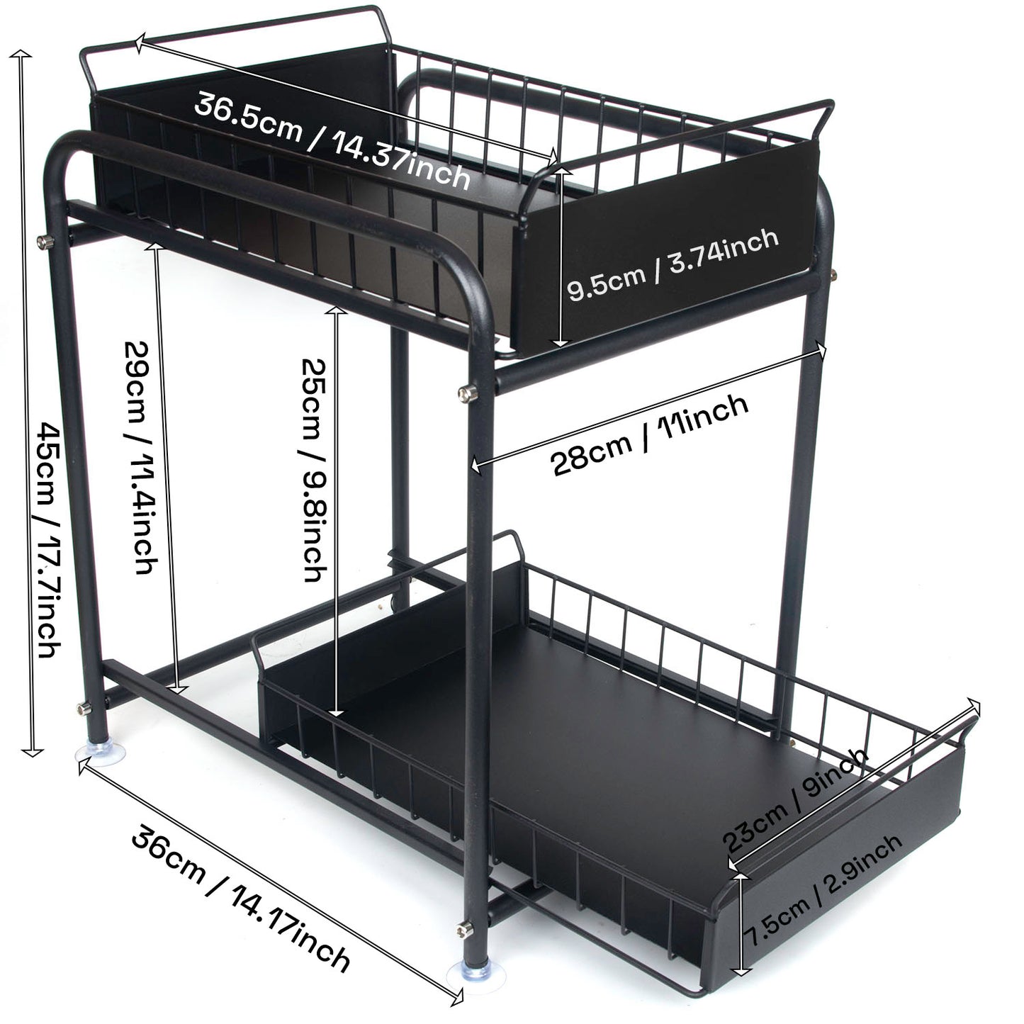 2 Tier Under Sink Storage Rack Kitchen Organizer Steel Frame with Removable Baskets & Suction Feet Black V324-HO-UNDSINKRACK-BK