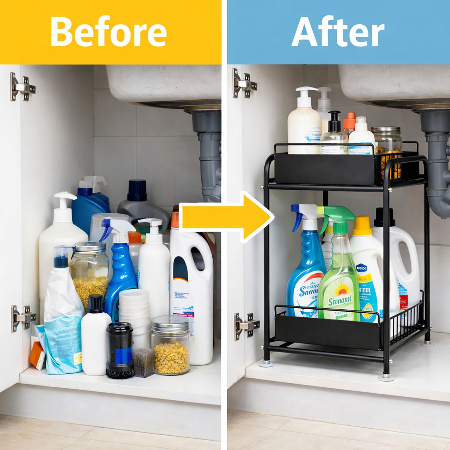 2 Tier Under Sink Storage Rack Kitchen Organizer Steel Frame with Removable Baskets & Suction Feet Black V324-HO-UNDSINKRACK-BK