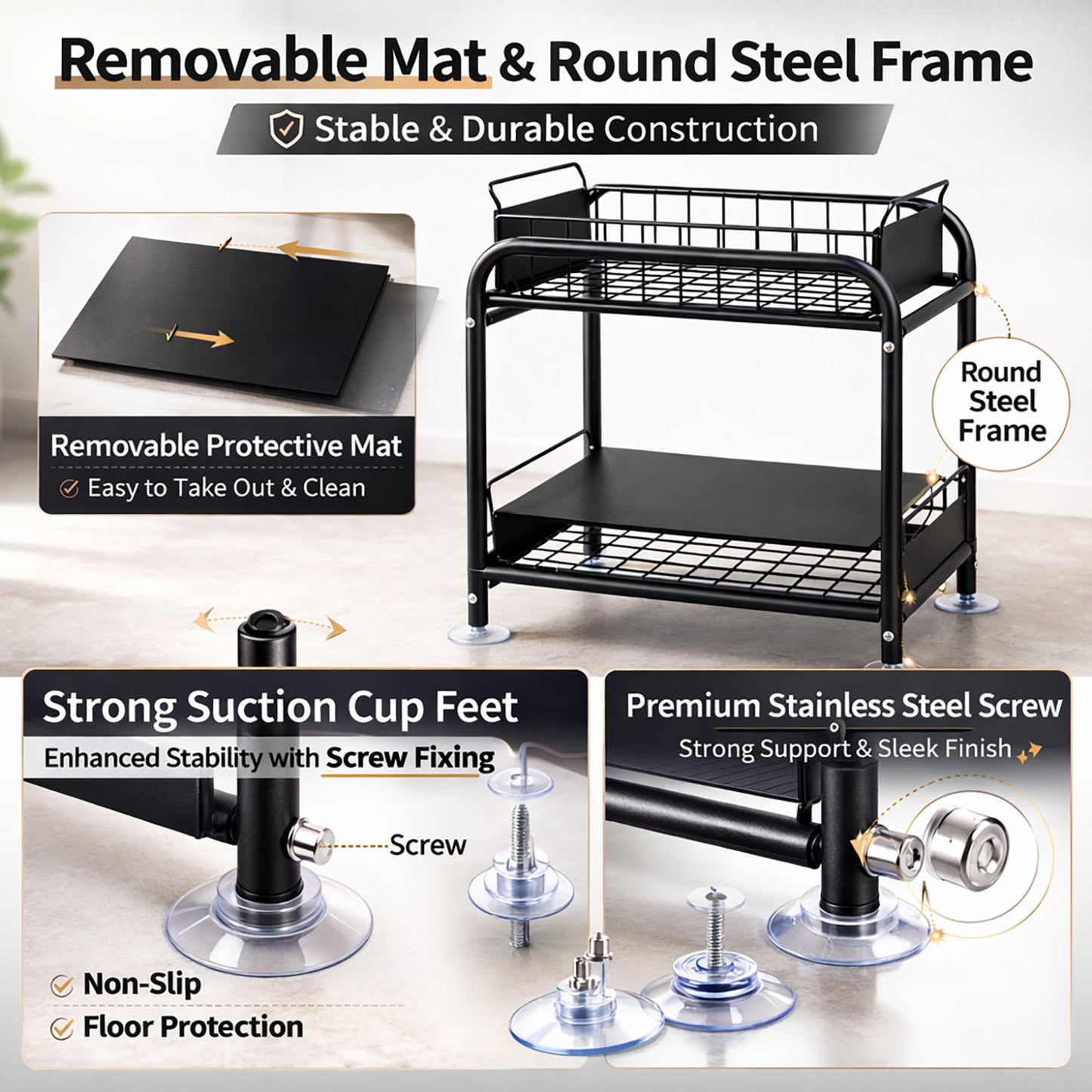 2 Tier Under Sink Storage Rack Kitchen Organizer Steel Frame with Removable Baskets & Suction Feet Black V324-HO-UNDSINKRACK-BK