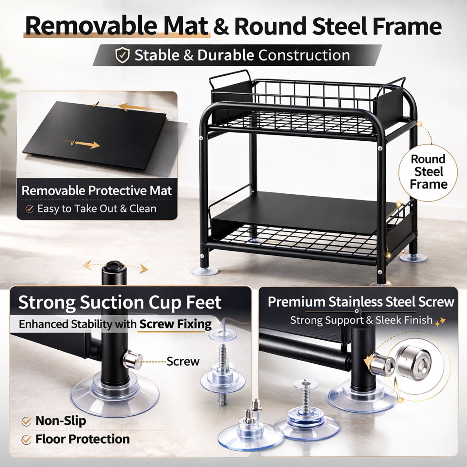 2 Tier Under Sink Storage Rack Kitchen Organizer Steel Frame with Removable Baskets & Suction Feet Black V324-HO-UNDSINKRACK-BK