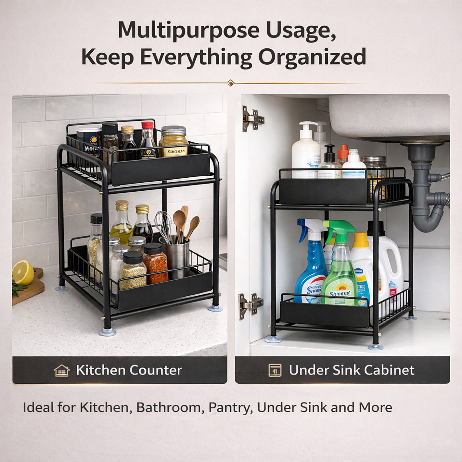 2 Tier Under Sink Storage Rack Kitchen Organizer Steel Frame with Removable Baskets & Suction Feet Black V324-HO-UNDSINKRACK-BK