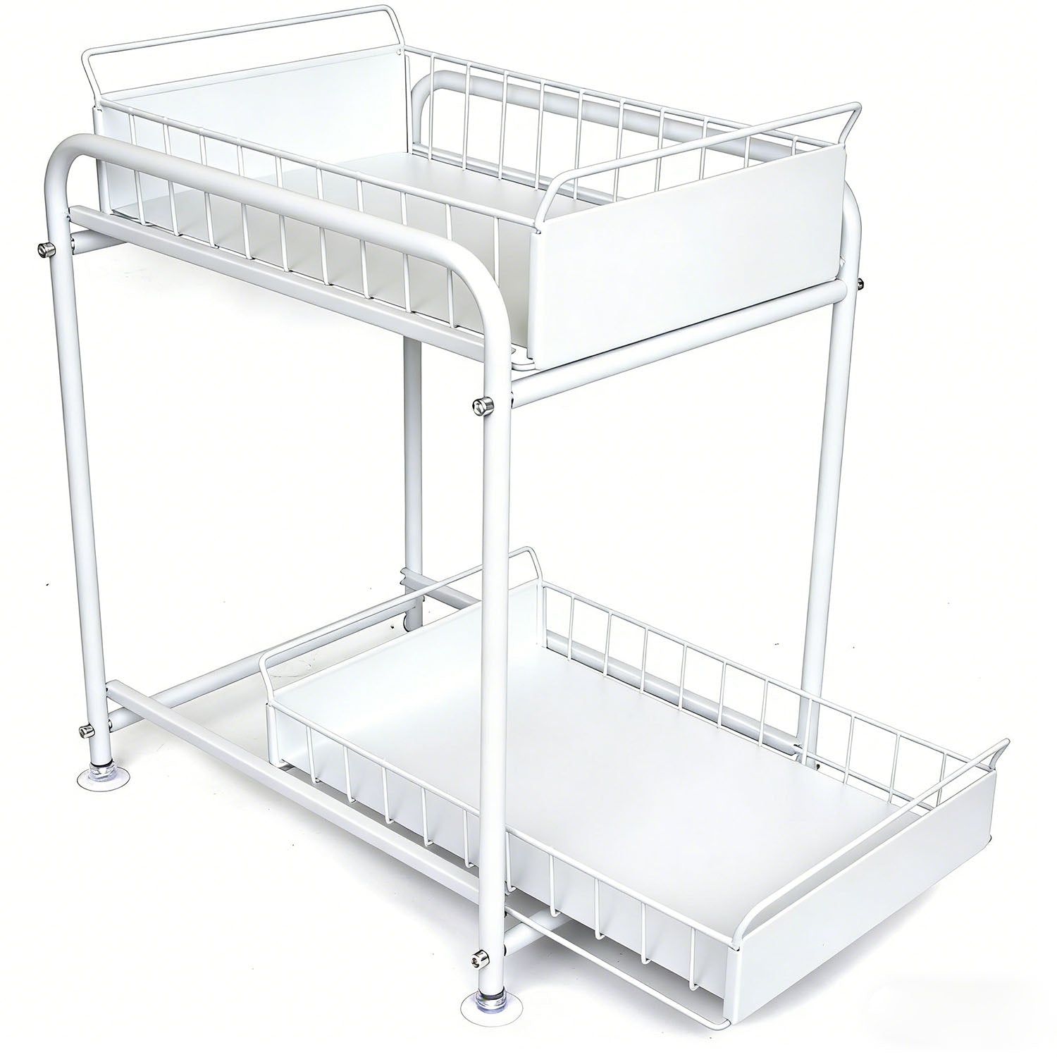 2 Tier Under Sink Storage Rack Kitchen Organizer Steel Frame with Removable Baskets & Suction Feet White V324-HO-UNDSINKRACK-WH