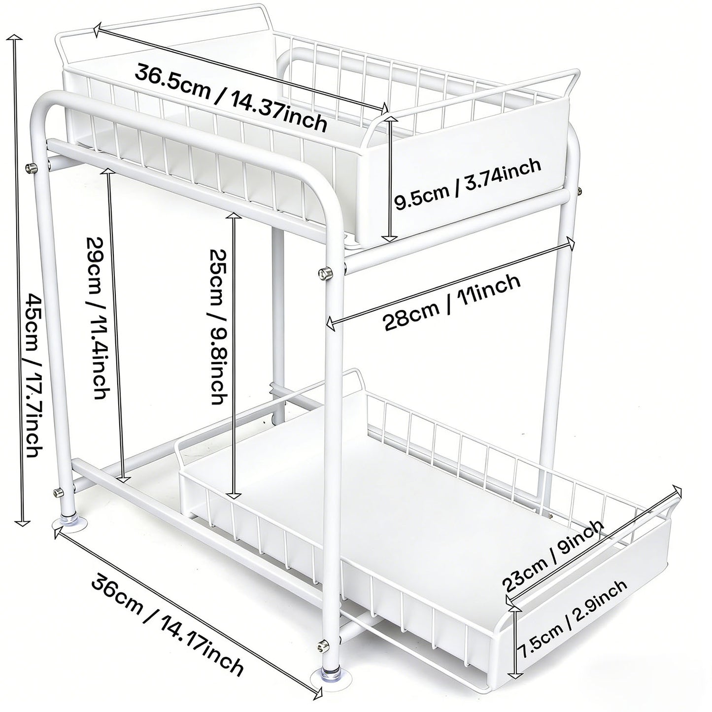 2 Tier Under Sink Storage Rack Kitchen Organizer Steel Frame with Removable Baskets & Suction Feet White V324-HO-UNDSINKRACK-WH