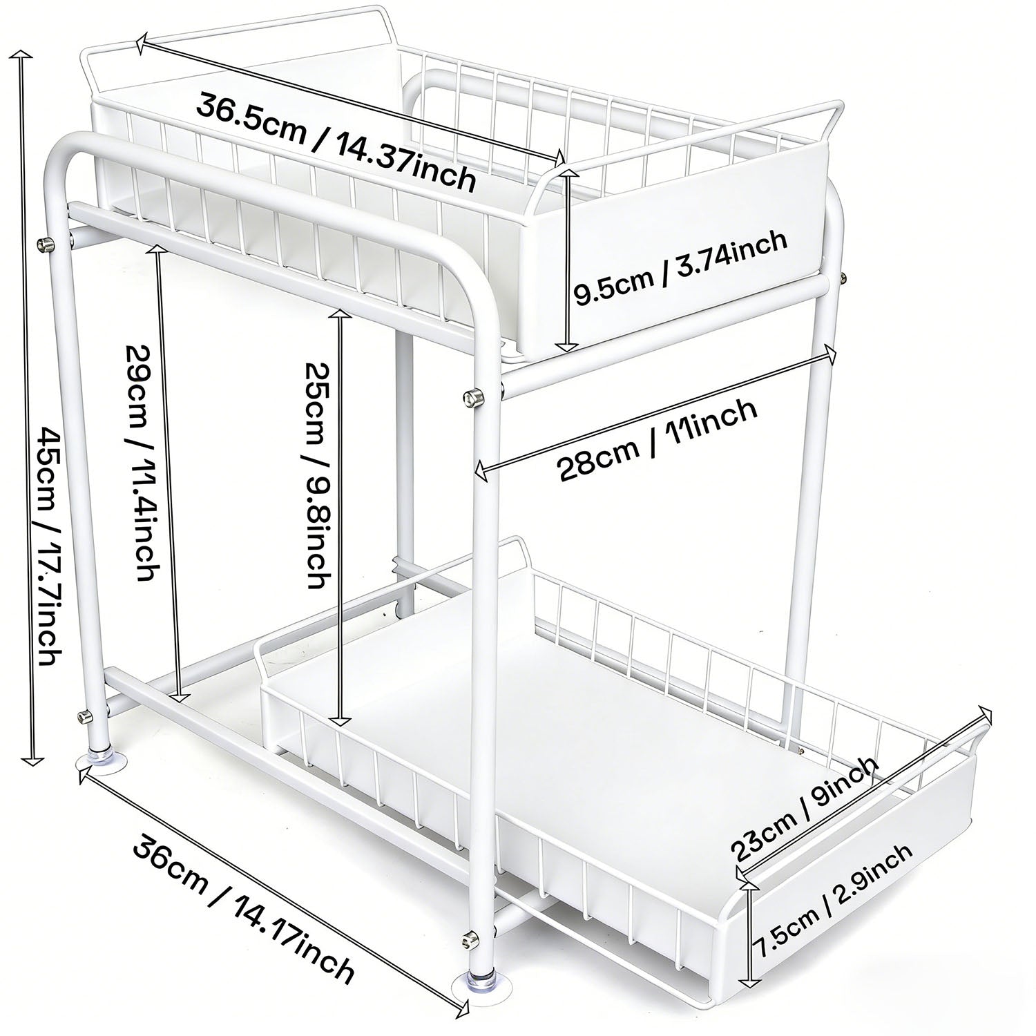2 Tier Under Sink Storage Rack Kitchen Organizer Steel Frame with Removable Baskets & Suction Feet White V324-HO-UNDSINKRACK-WH