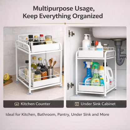 2 Tier Under Sink Storage Rack Kitchen Organizer Steel Frame with Removable Baskets & Suction Feet White V324-HO-UNDSINKRACK-WH
