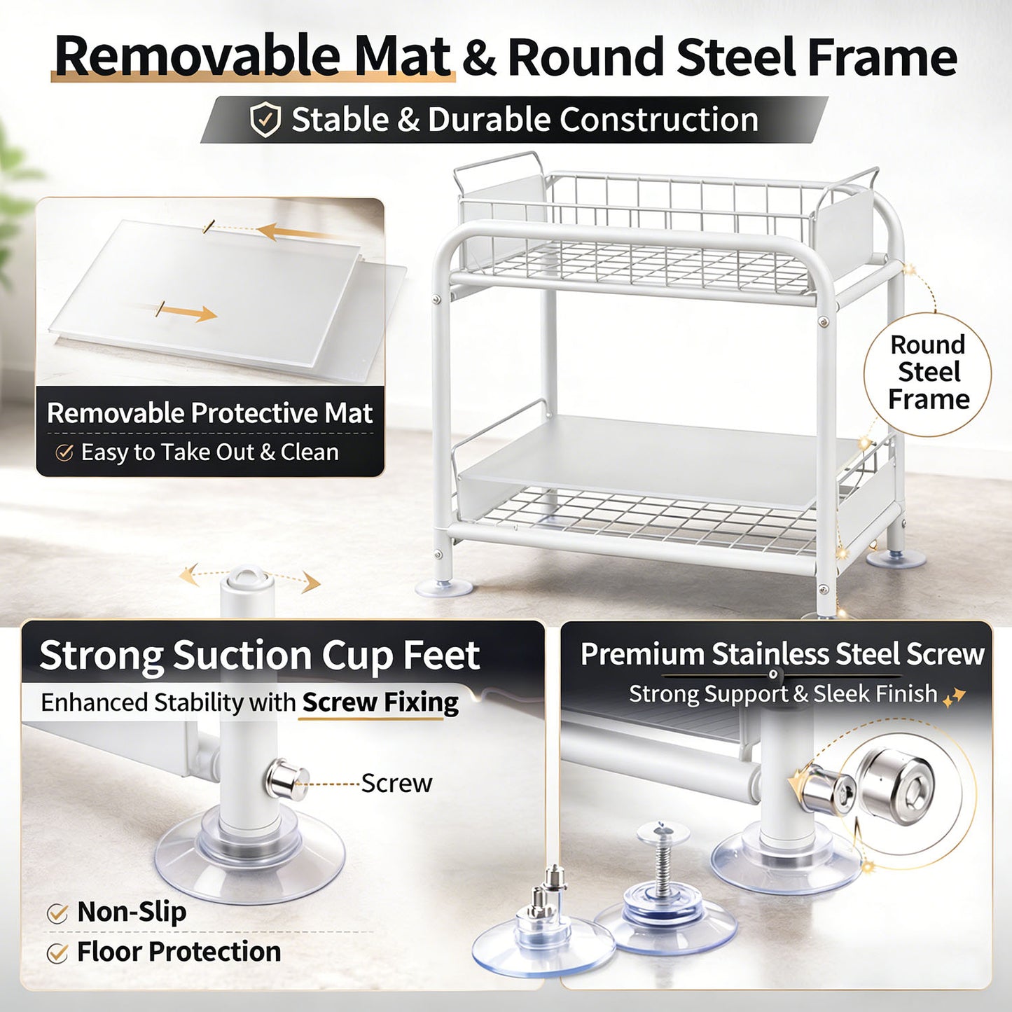 2 Tier Under Sink Storage Rack Kitchen Organizer Steel Frame with Removable Baskets & Suction Feet White V324-HO-UNDSINKRACK-WH