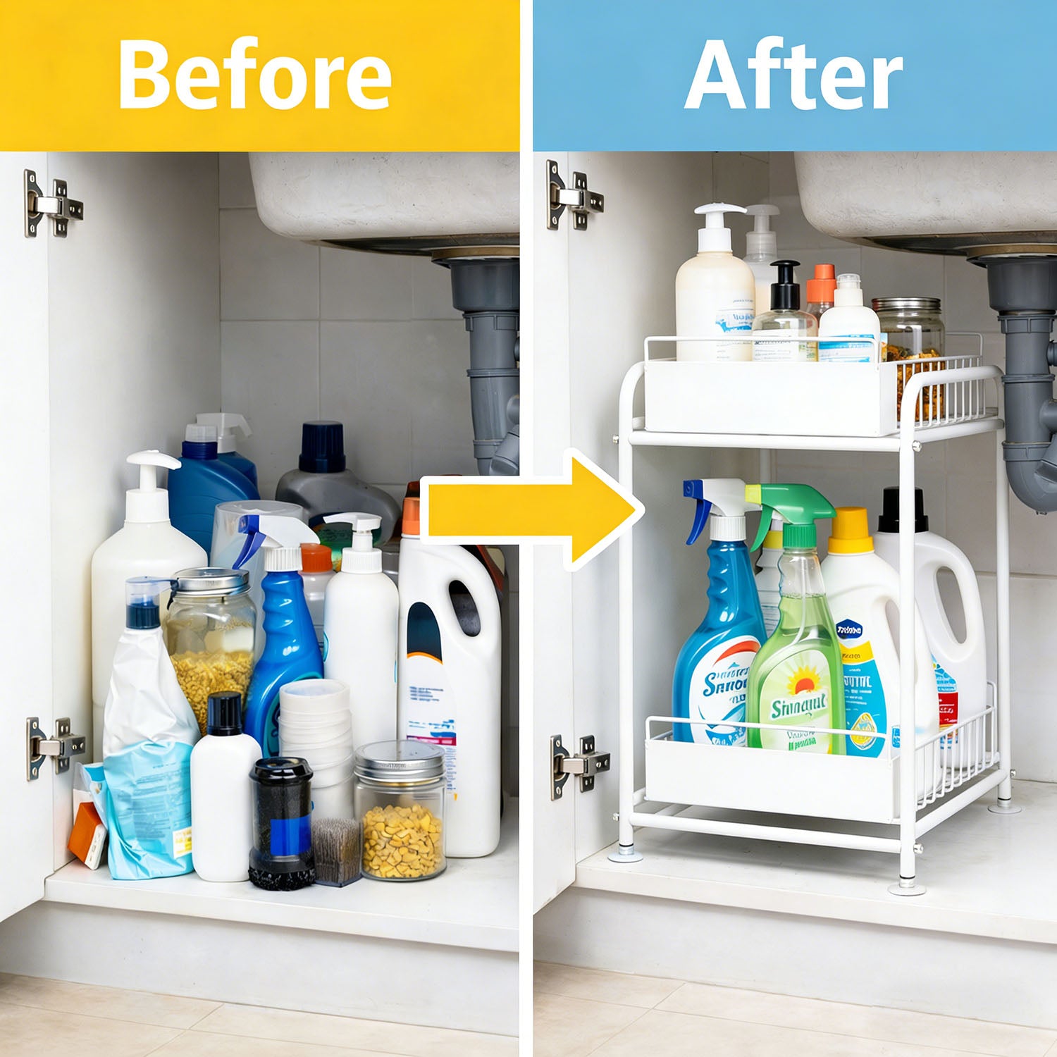 2 Tier Under Sink Storage Rack Kitchen Organizer Steel Frame with Removable Baskets & Suction Feet White V324-HO-UNDSINKRACK-WH
