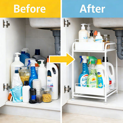 2 Tier Under Sink Storage Rack Kitchen Organizer Steel Frame with Removable Baskets & Suction Feet White V324-HO-UNDSINKRACK-WH