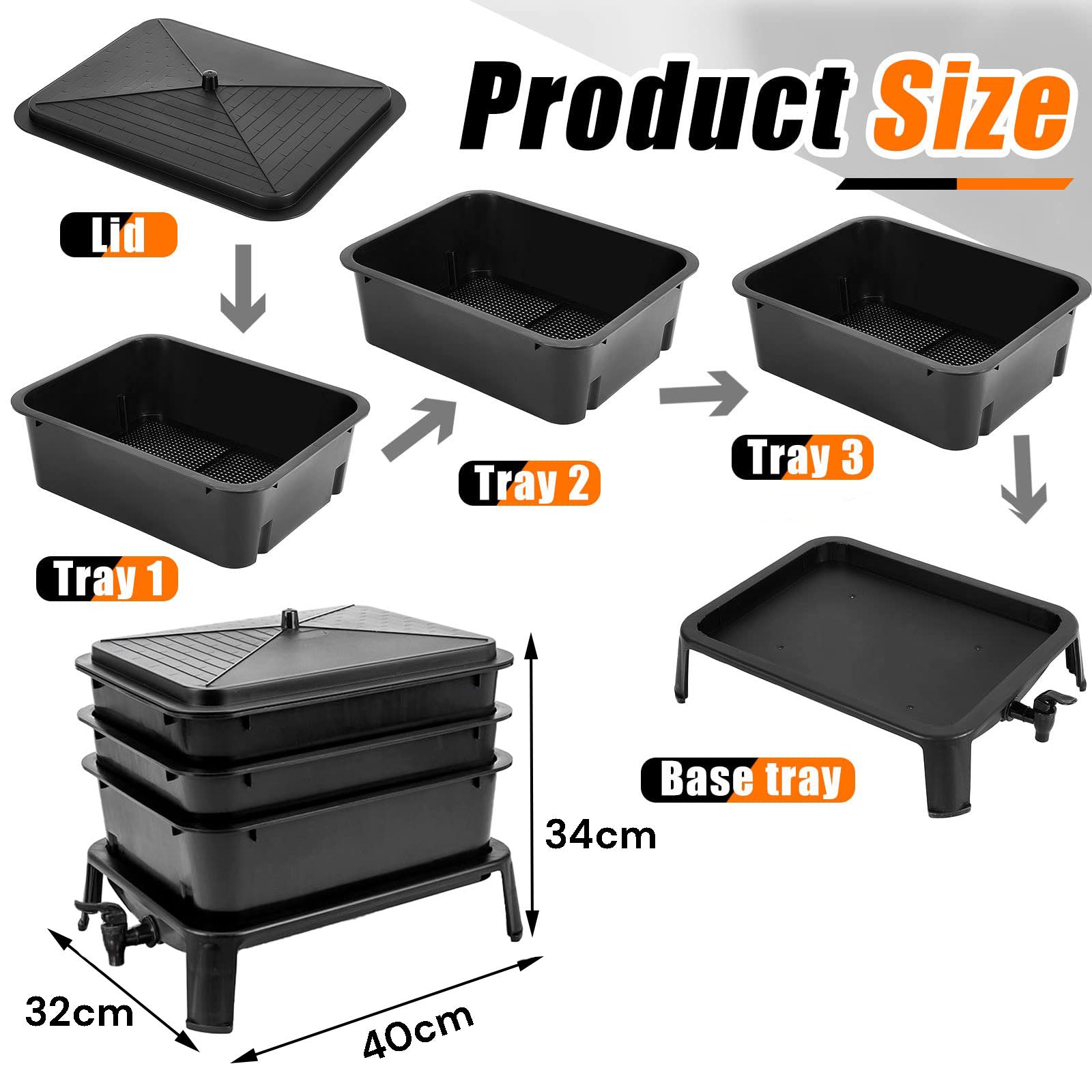Worm Farm Factory worm wee Composter 30L 4 Trays Compost Bin Worm Farm Composting System V324-HO-WORMFBLACK-30L