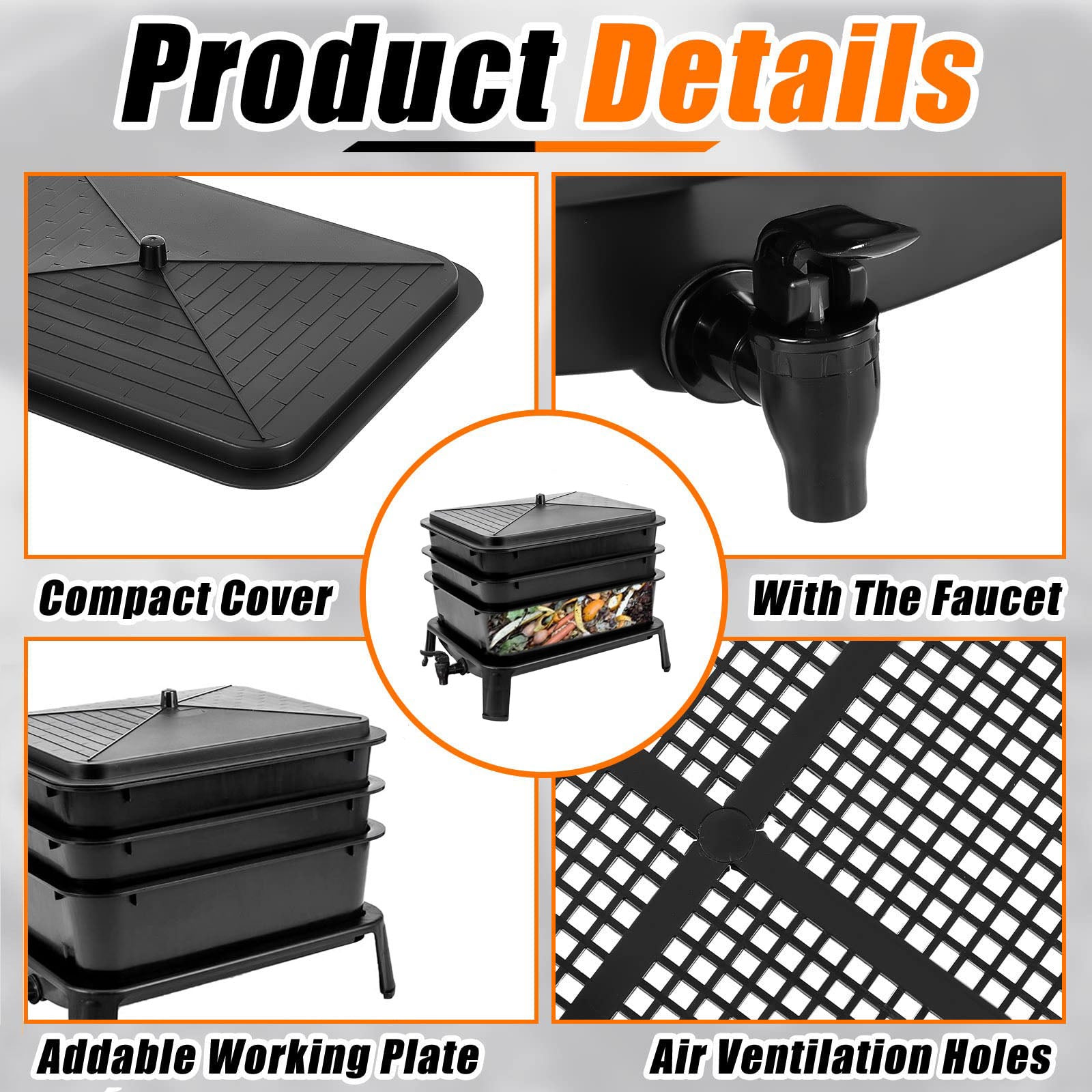 Worm Farm Factory worm wee Composter 30L 4 Trays Compost Bin Worm Farm Composting System V324-HO-WORMFBLACK-30L