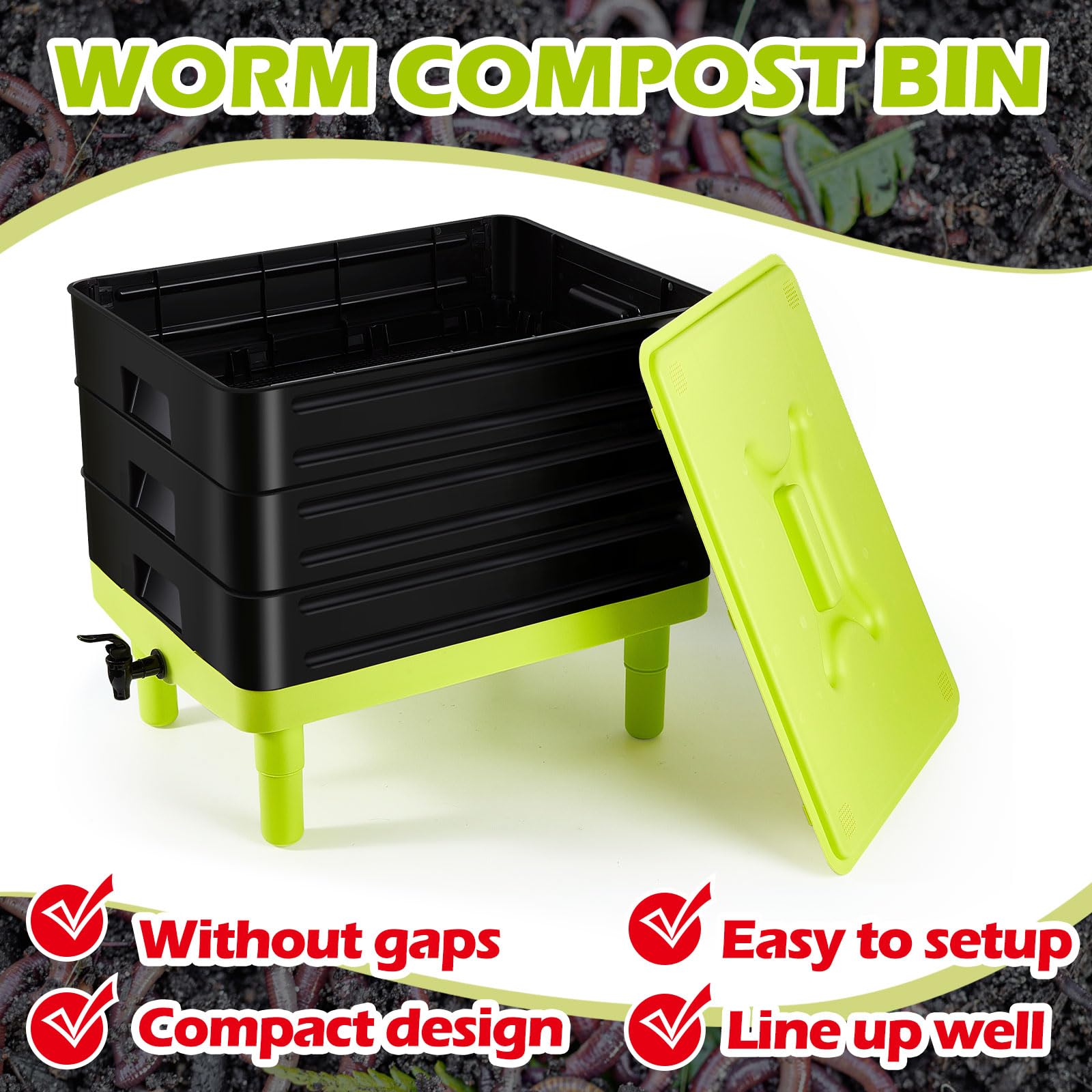 60L Large Worm Farm 3 Trays Worm Composter Bins Composting System Worm Tea V324-HO-WORMFGREEN-60L