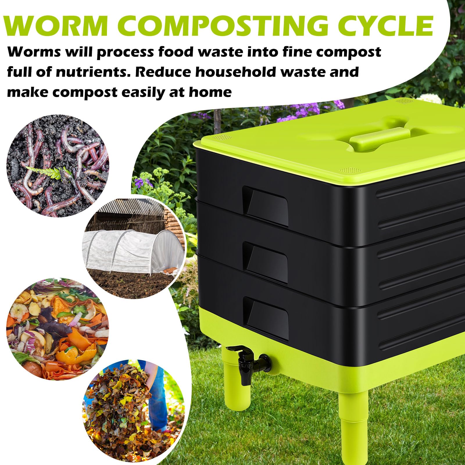 60L Large Worm Farm 3 Trays Worm Composter Bins Composting System Worm Tea V324-HO-WORMFGREEN-60L