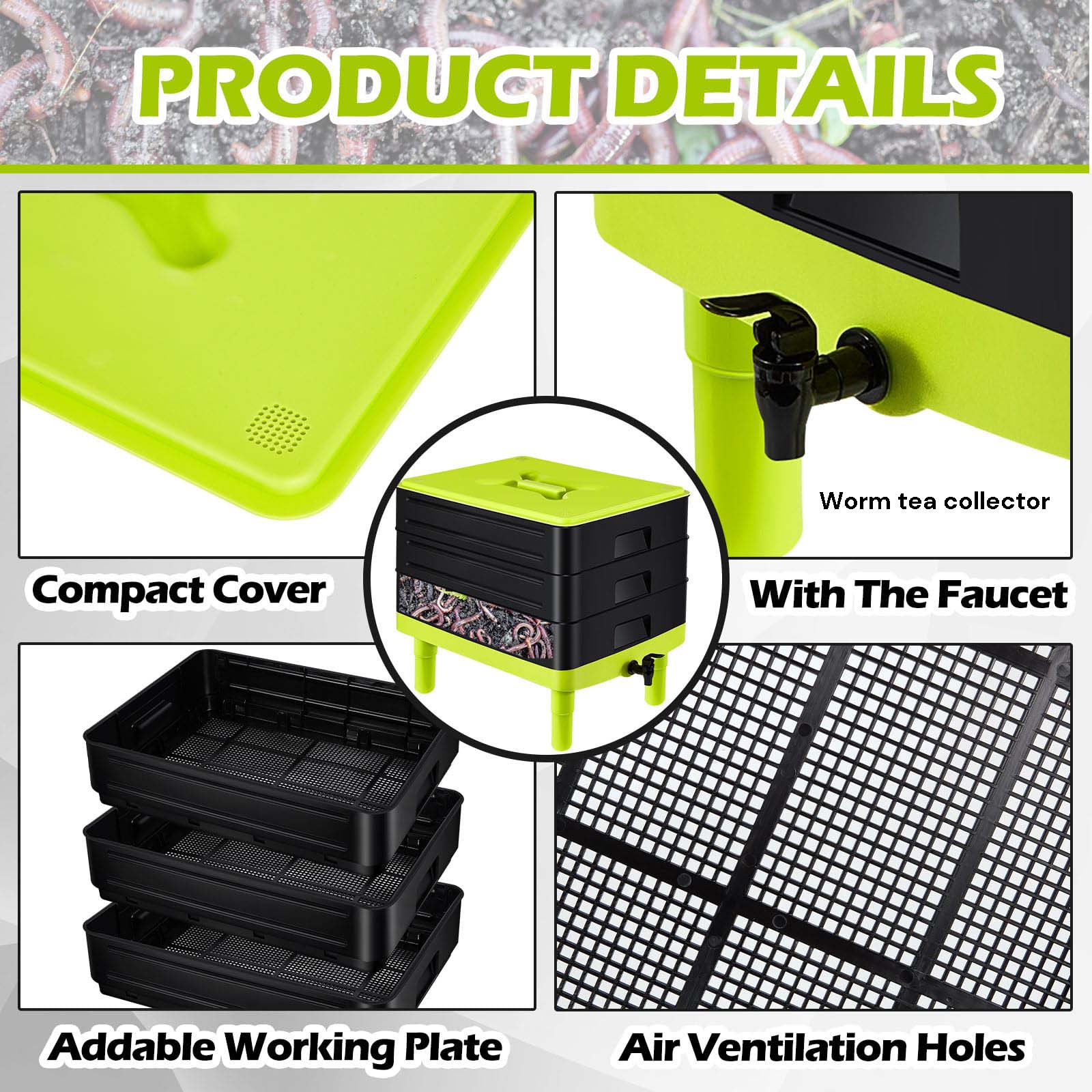 60L Large Worm Farm 3 Trays Worm Composter Bins Composting System Worm Tea V324-HO-WORMFGREEN-60L