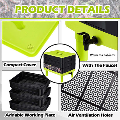60L Large Worm Farm 3 Trays Worm Composter Bins Composting System Worm Tea V324-HO-WORMFGREEN-60L