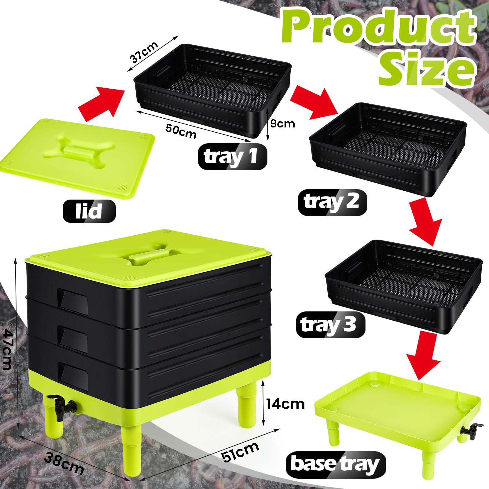 60L Large Worm Farm 3 Trays Worm Composter Bins Composting System Worm Tea V324-HO-WORMFGREEN-60L