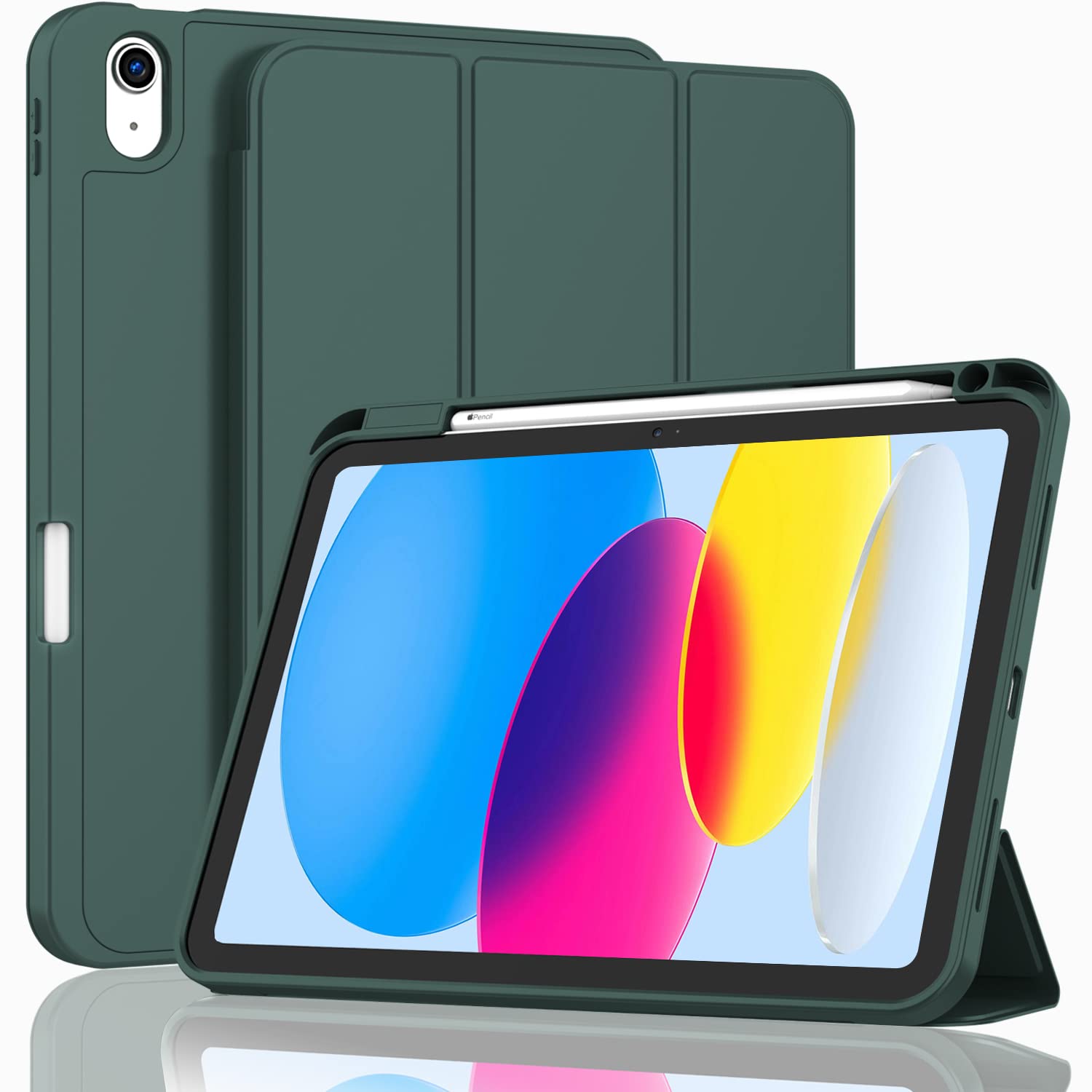 iPad 10th Case 10.9 Inch 2022 with Pencil Holder, Smart iPad Clear Case with Soft TPU Auto Wake Sleep Dark V324-IP109-TPUCLE-DGREEN